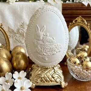 Regency 9.5 inch Resin White Chocolate Egg on Pedestal Easter Decor Centerpiece